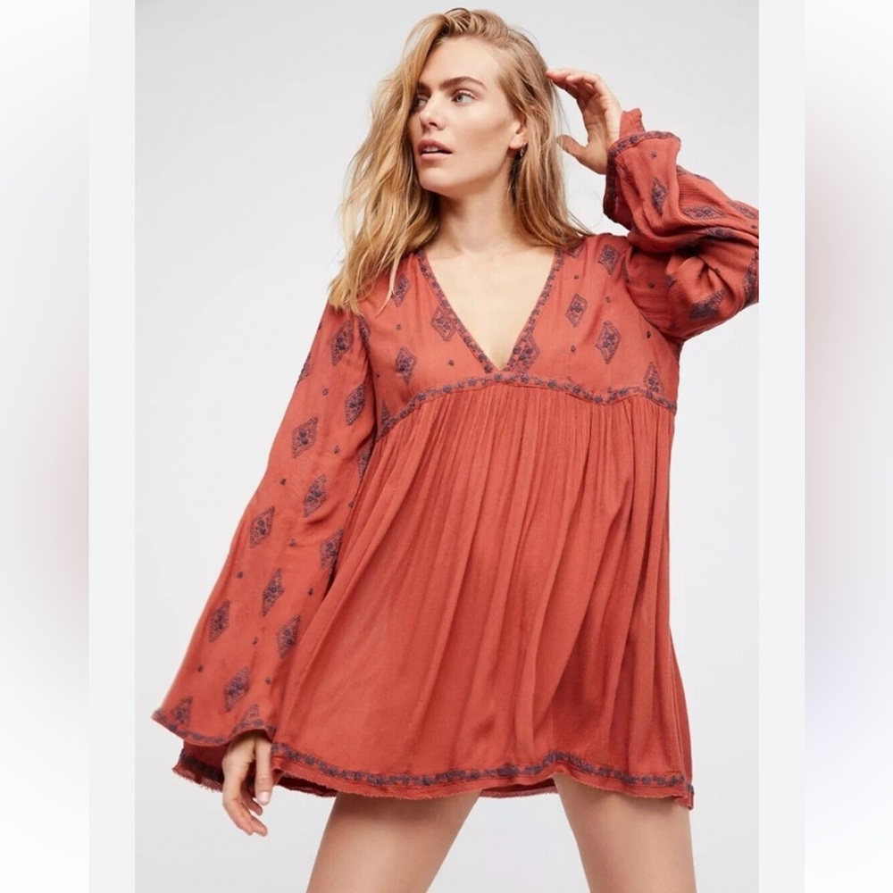 Free People Terracota Rustic Diamond Embroidered Tunic Top Size Small